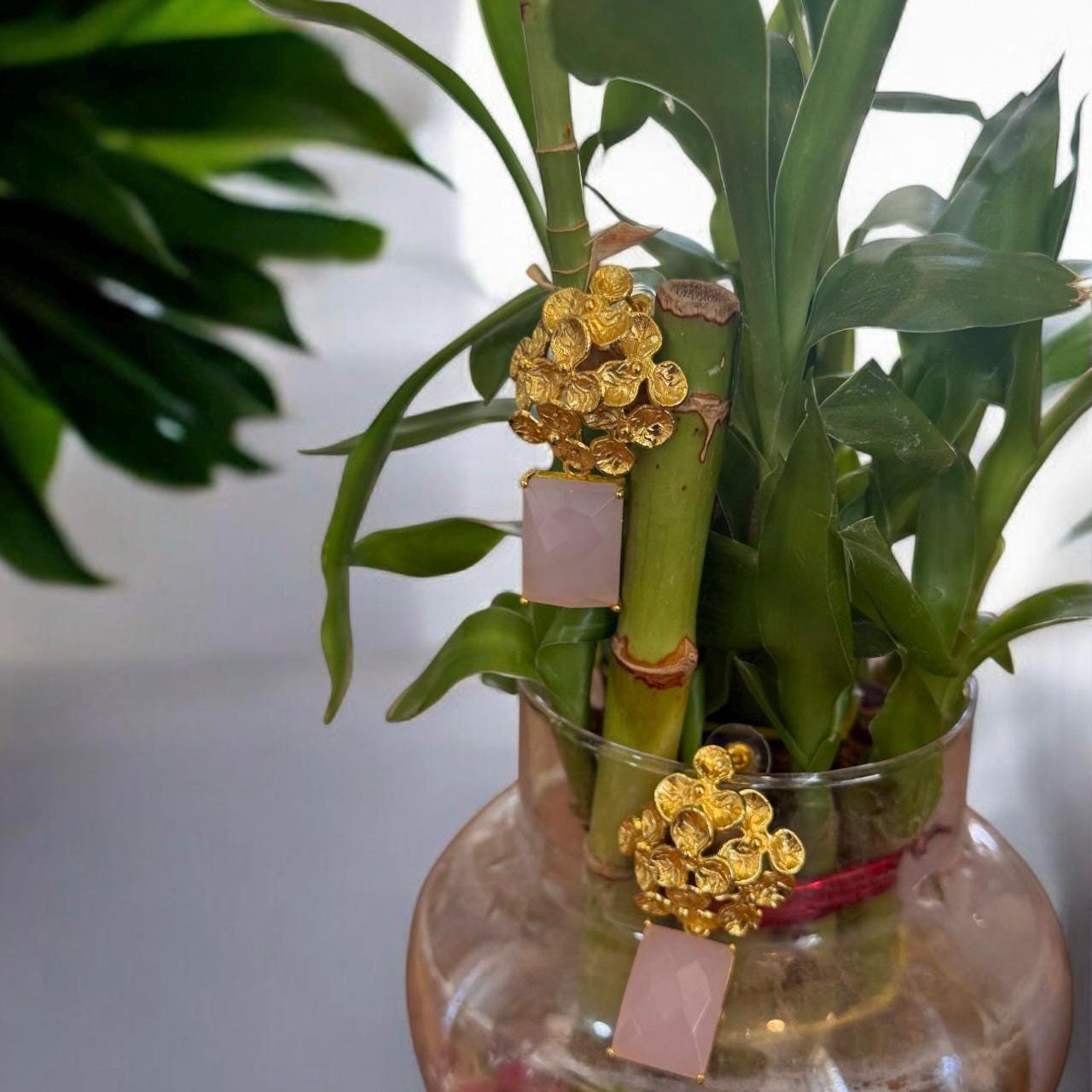 Handmade Floral Brass Earrings with Pink Chalcedony | Gold Plated Statement Dangle Earrings | Boho Wedding Jewelry | Gift for Her