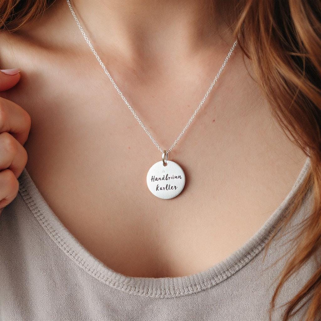 Custom Handwriting Disc Necklace • Memorial Signature Jewelry • Personalized Gold Engraved Necklace • Actual Handwriting Gift for Her