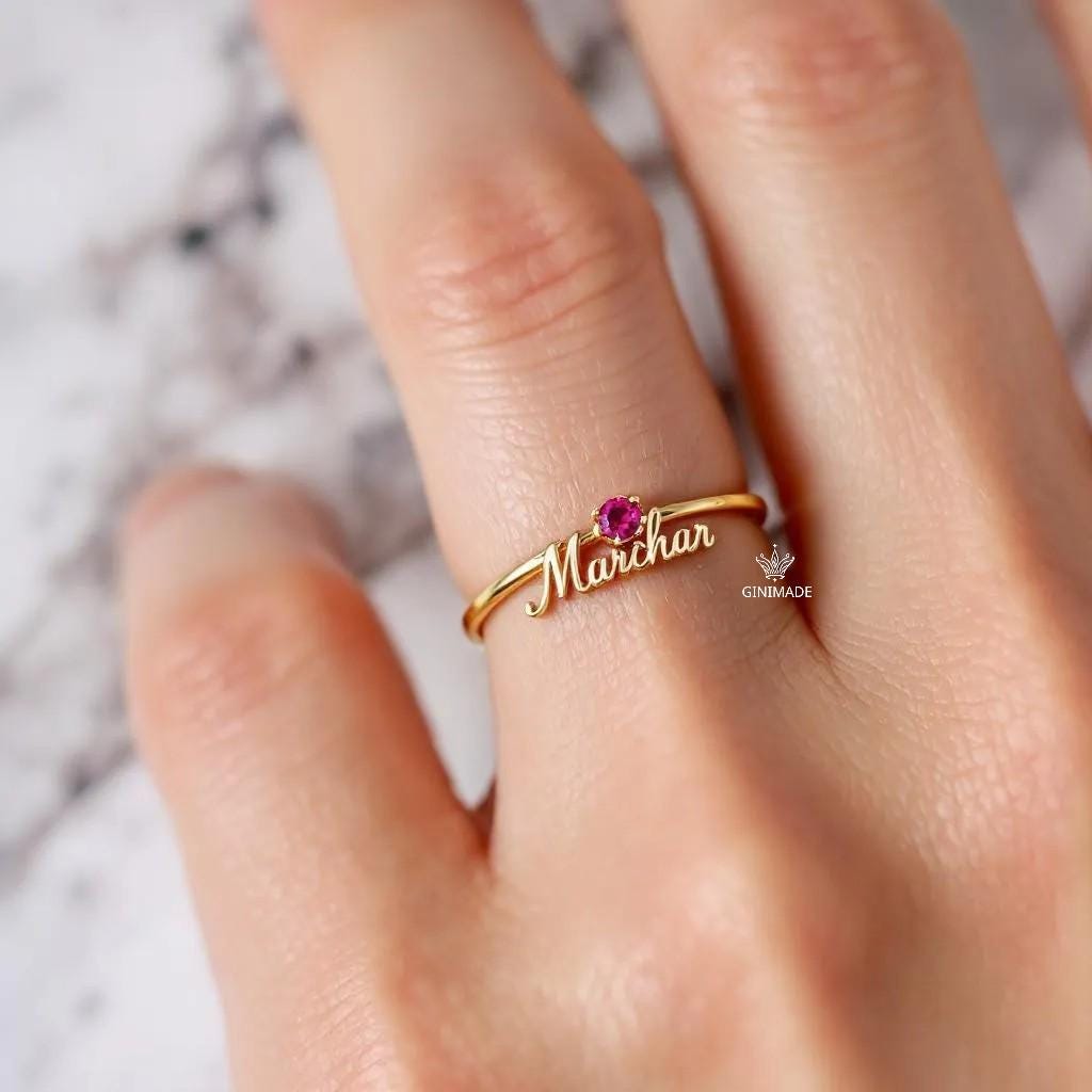 Custom Name Birthstone Ring • CZ Personalized Name Ring • Dainty Stacking Jewelry • Graduation Gift • Gift for Her • Proposal Ring