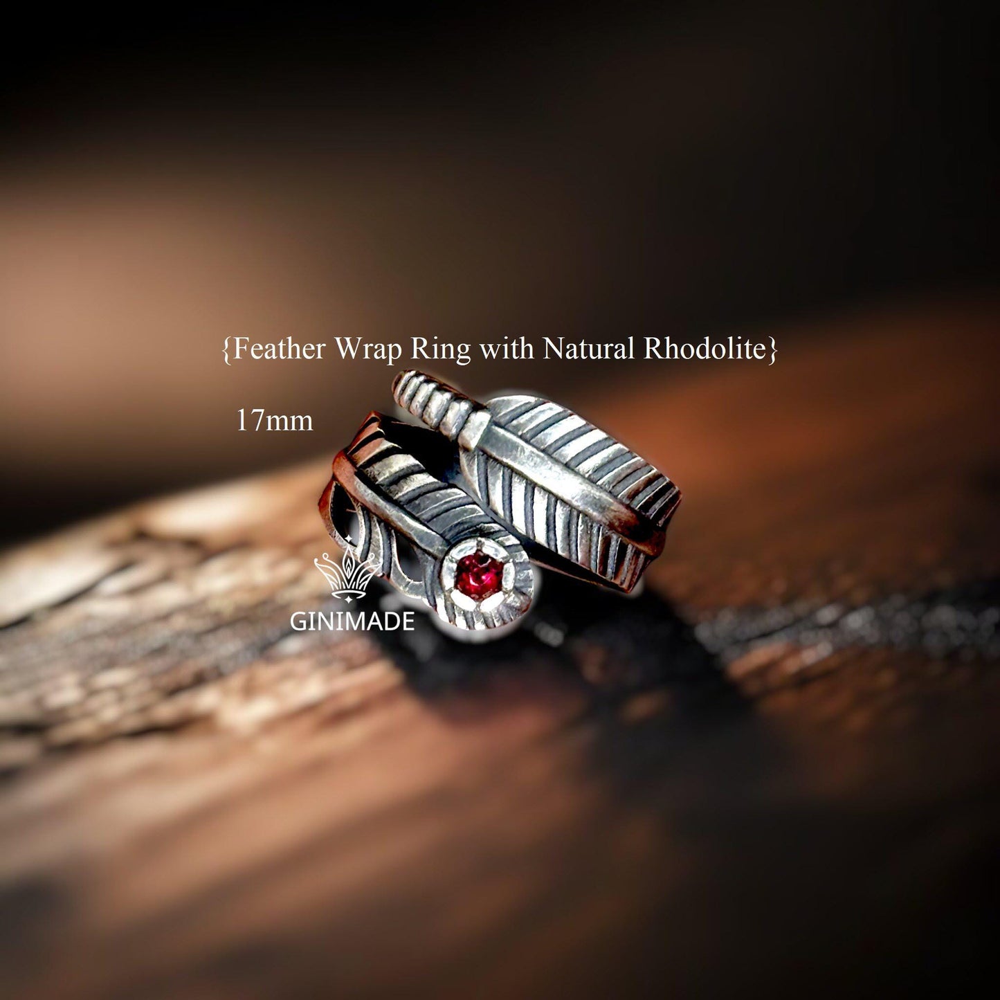 Feather Wrap Ring with Natural Rhodolite | 925 Sterling Silver Boho Ring | Adjustable Bird Feather Ring | Gift for Her | Handmade Jewelry.