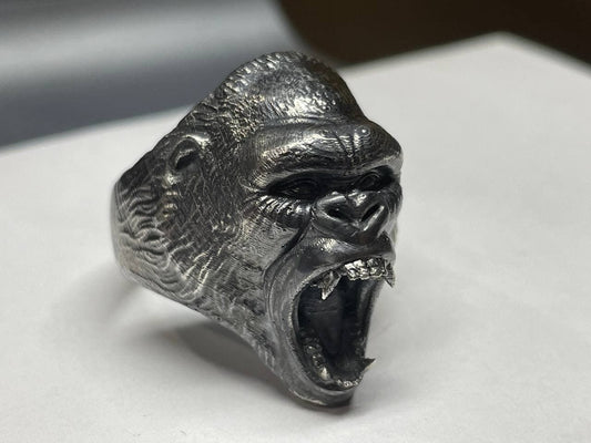 Angry Gorilla Ring – Sterling Silver Men's Boho Signet Ring | Handmade 25MM Statement Jewelry | Unique Anniversary Gift for Him